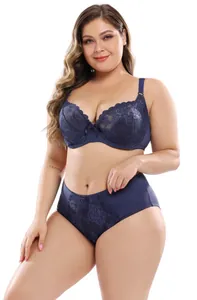 Elegant dark blue plus size lace lingerie set with E-cup bra and matching panties