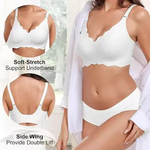 Close-up of white seamless scalloped bra with side wing support and double lift