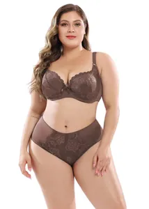 Elegant plus size brown lace lingerie set featuring floral embroidery on a full figure model