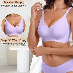 Close-up of lavender seamless bra with deep V wavy edge design for comfort.