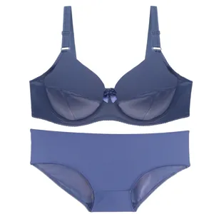 Vorderansicht eines stilvollen blauen nahtlosen BHs und atmungsaktiven Slip-Sets für Damen