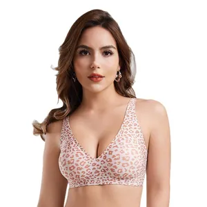 Elegant seamless leopard print deep V push-up bra for women featuring comfortable wireless design