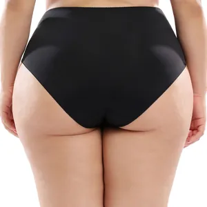 Rear view of plus size high-waisted black panties showing seamless and comfortable fit.