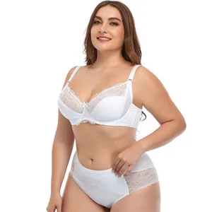 Detailed frontal shot of a plus size white lace lingerie set featuring an underwired bra