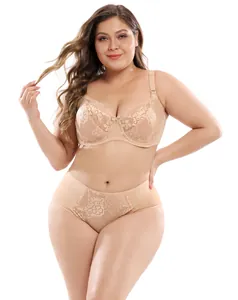 Elegant plus-size beige lace lingerie set with E-cup bra and high-waisted briefs