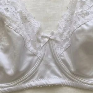 Comfortable plus size white satin bra featuring delicate lace trim and underwire support