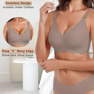 Deep V taupe seamless bra with wavy edge design for an elegant and invisible look