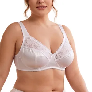 Plus size white satin bra with delicate lace trim and underwire support