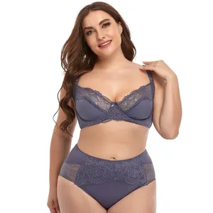 Detail of plus-size purple lace lingerie set with underwired bra and high-waist brief