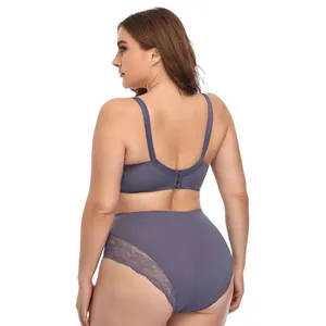 Detailed back view of a plus size purple lace lingerie set featuring a soft underwire bra
