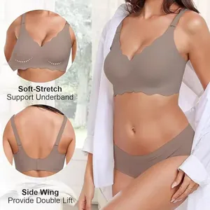 Detailed view of seamless coffee brown bra with scalloped edges and side wing lift
