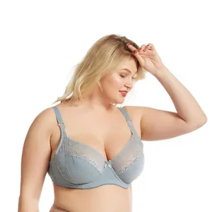 Sujetador sexy de encaje gris talla grande copa E con efecto reductor y detalle floral