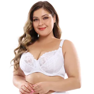 Elegant white plus size lace full cup bra for women with delicate embroidery details.