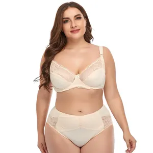 Full-length view of a model wearing a plus size lace underwire bra and high-waist panty set