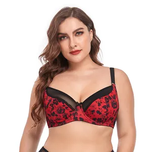 Front view detail of a sexy red floral print bra with black mesh trim and wide straps
