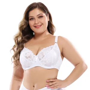 Elegant white lace plus size bra detail featuring floral embroidery and full cup support