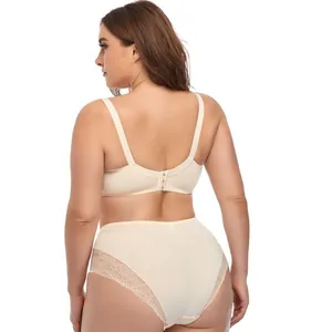 Back view detail of a plus size beige bra and lace-trimmed panty set for women.