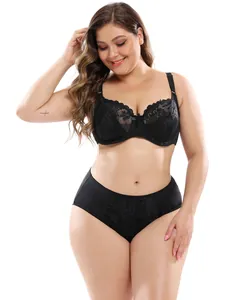 Sexy black lace plus size lingerie set with ultra-thin mesh bra and panties for women
