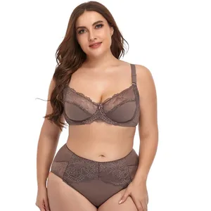 Detailed view of a plus-size brown lace bra and panty set featuring underwire support