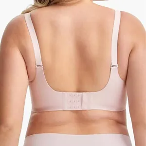 Detailed back view of a seamless plus-size bra showing the hook-and-eye closure.