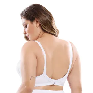 Detailed back view of a white plus size lace bra with a functional U-shaped back design