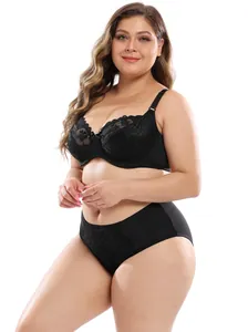 Elegant black lace plus-size lingerie set with E-cup bra and matching panty