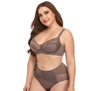 Professional studio shot of a taupe lace plus size lingerie set worn by a female model