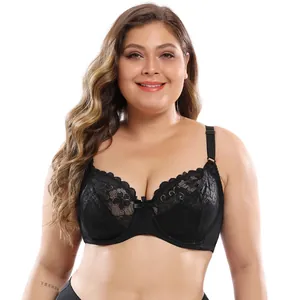 Detailed view of a sexy black plus size lace bra worn by a curvy model.
