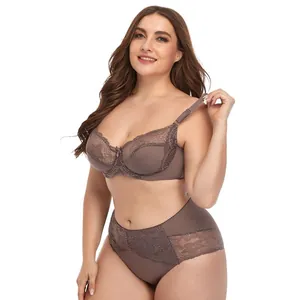 Elegant plus size brown lace lingerie set featuring underwired bra and high waist panty