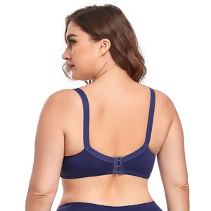 Detailed back view of a navy blue ultra-thin sexy lace bra with wide supportive straps