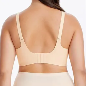 Back view detail showing the seamless band and clasp of a nude wireless plus size bra