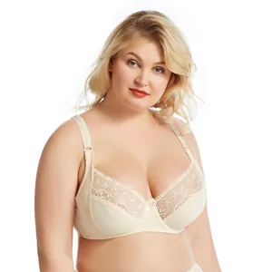 Sujetador profesional de encaje beige de talla grande con copa E fina y soporte