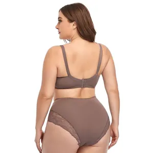Back view of plus size brown lace lingerie set with underwired bra and high-waist panty