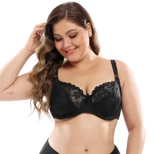 Detail of sexy black lace plus size bra showing full coverage cups and bow decoration
