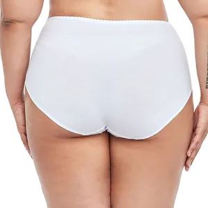 Vue détaillée de face arrière d'un slip en coton blanc grande taille avec dentelle