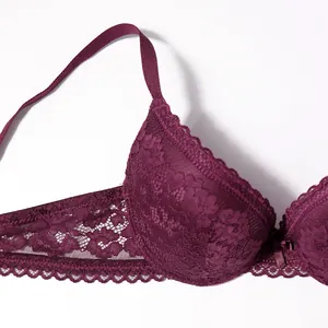 Detailansicht der tiefvioletten floralen Spitze an einem sexy Push-up-BH mit dünnem Cup.