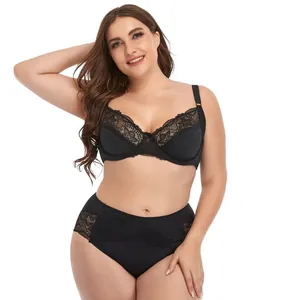 Detailed front view of an elegant black lace plus-size bra set with underwire support.