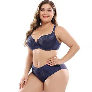 Women Sexy Lace Lingerie Set Plus Size E Cup Ultra Thin Unpadded Full Cup Bra And Matching Panty Set Navy White Black Beige