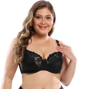 Detailed view of a black floral lace plus size bra featuring a supportive DE cup.