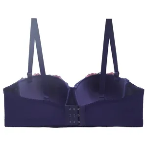 Vue détaillée de l'arrière d'un soutien-gorge en dentelle brodée violette avec agrafes