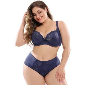 Elegant dark blue plus size lace lingerie set with thin bra and high waist panties