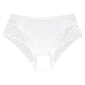 Detailed view of white high-waisted lace panties with intricate floral patterns.