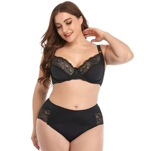Detailed close-up view of elegant black lace plus size bra set with underwire support
