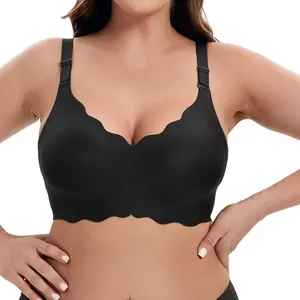 Detail of black plus size seamless wireless bra with scalloped jelly wave edges