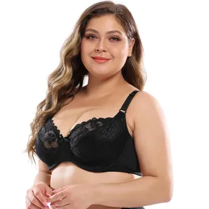 Detailed view of an elegant black plus size lace bra with intricate floral pattern