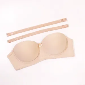 Seamless beige strapless bra with matching detachable shoulder straps for evening dresses