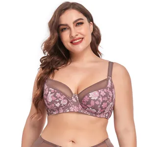 Professional close-up of a stylish floral printed plus size ultra-thin lace bra for women