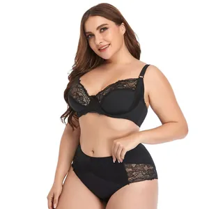 Detailed view of a plus-size black lace lingerie set with underwired bra support.