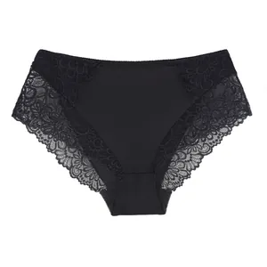 Detailed view of high-waisted black lace panties featuring elegant floral embroidery patterns