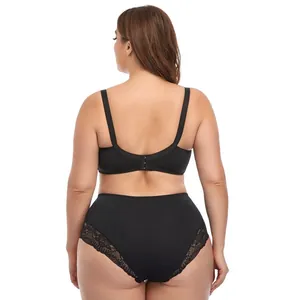 Black plus size lingerie set with underwire bra and lace trim panties back view.